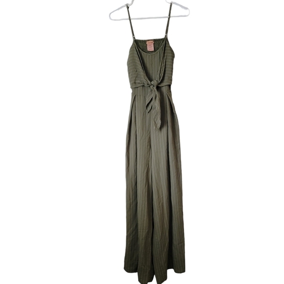 Flying Tomato Pants - Flying Tomato - olive green pinstripe tie-front jumpsuit size: S